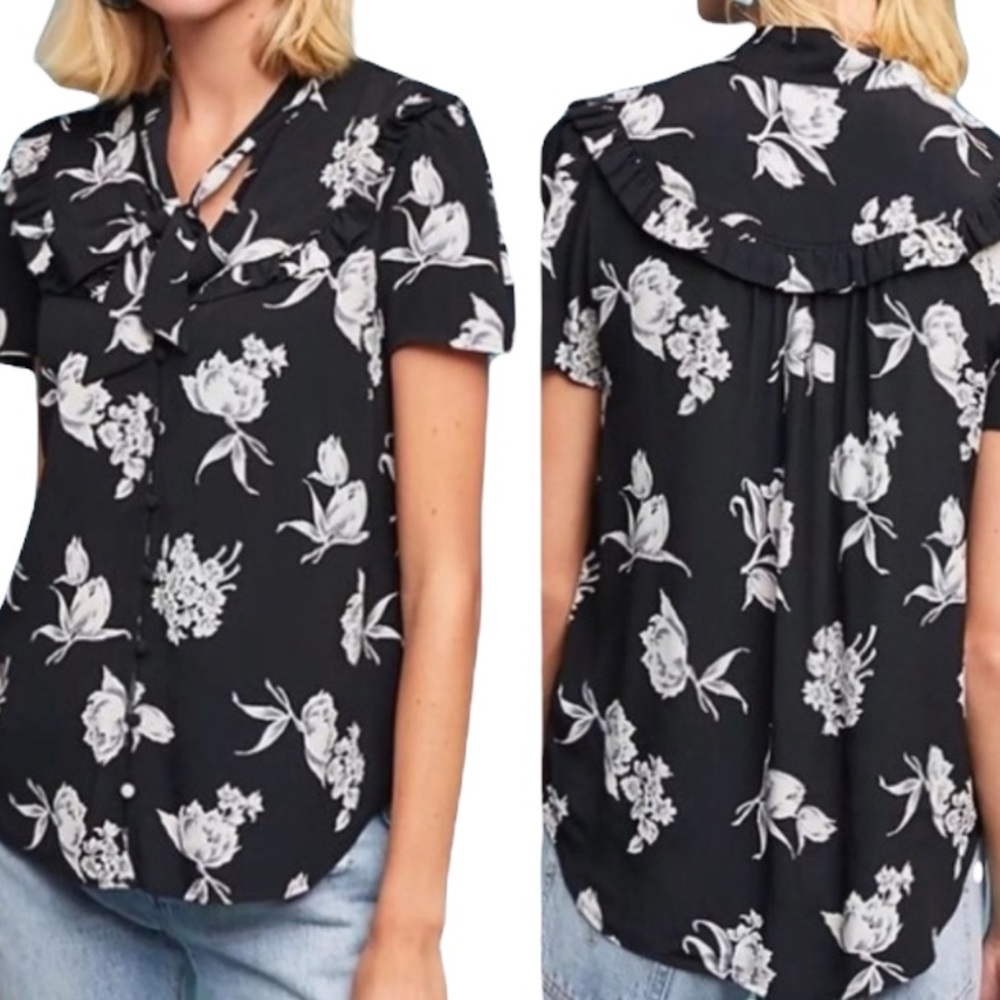 Maeve Anthropologie Adagio Floral Ruffle Tie Neck Blouse - M